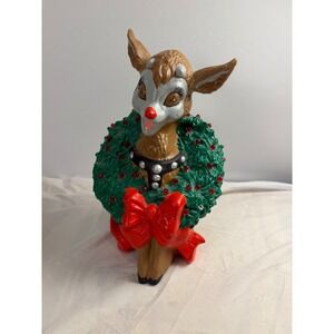 Vintage Ceramic Christmas Reindeer Wreath Bust Kitschy Retro Holiday Decor